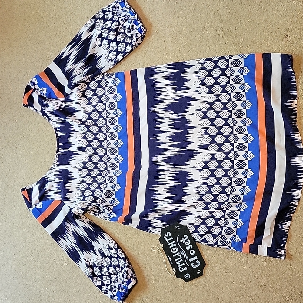 Peach Love California Dress Large Navy Orange White